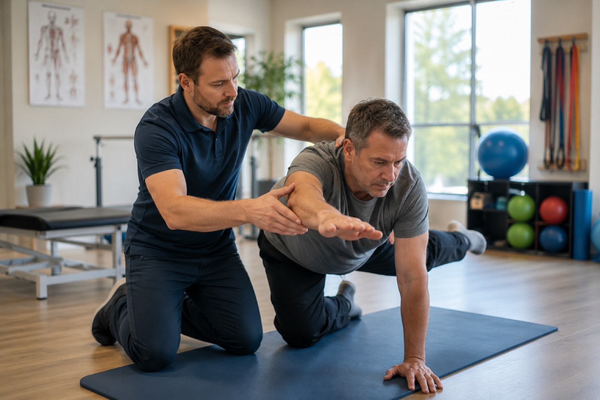 Rehabilitacja fizyczna – fizjoterapeuta z pacjentem, etap przed Uføretrygd